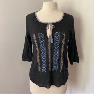 American Eagle Outfitters Peasant Blouse BOHO Embroidery Black Gauze Med Tassels